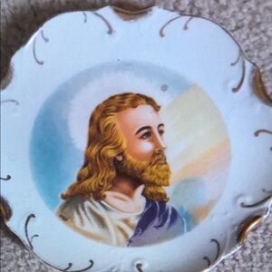 Decorative Plate with Religious Art Mid Century 18k GOLD trim Jesus